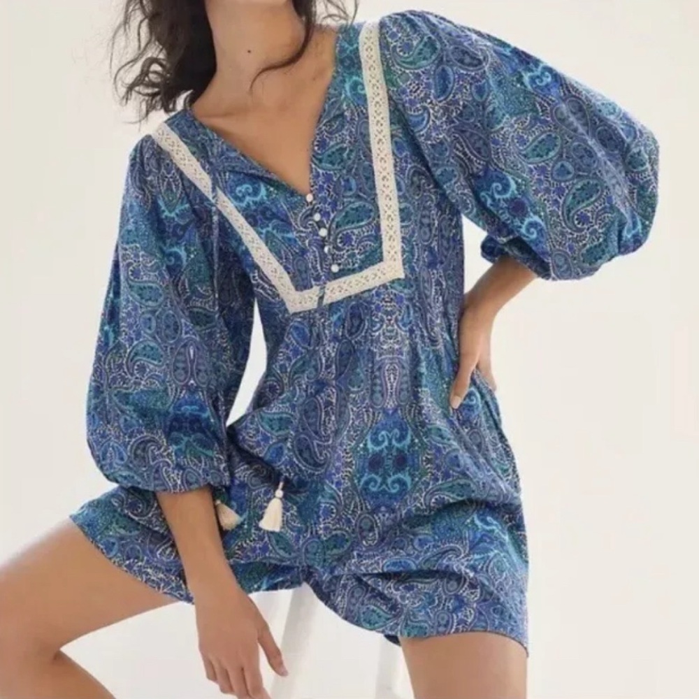 Anthropologie Lissa Romper Blue Paisley Print Boho Puff-Sleeve - M